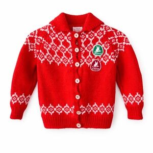Vintage 60s/70s Handmade Nordic Cardigan Sweater Red Skating Badges Child 4T-5T